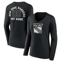 New York Rangers Women's Personalized Name & Number Monochrome Long Sleeve V-Neck T-Shirt Black