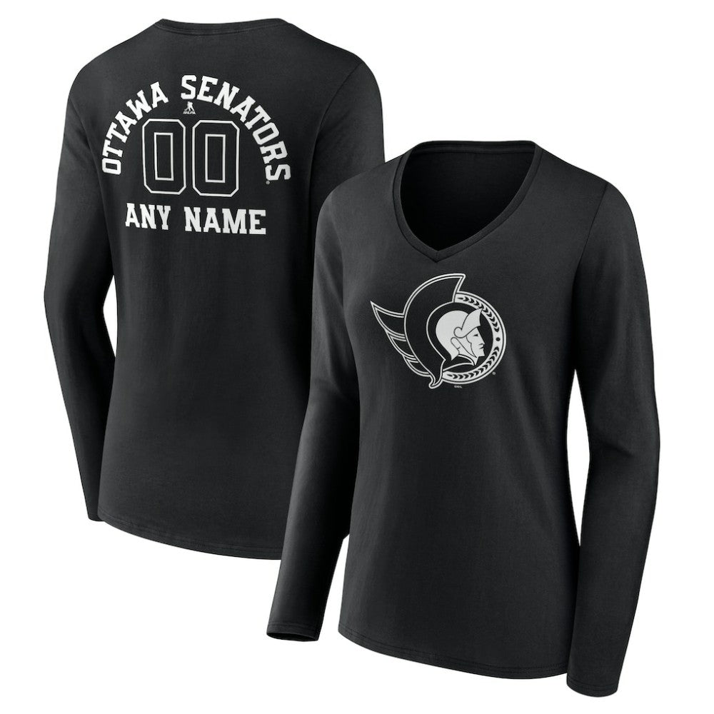 Ottawa Senators Women's Personalized Name & Number Monochrome Long Sleeve V-Neck T-Shirt Black