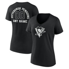 Pittsburgh Penguins Women's Personalized Name & Number Monochrome V-Neck T-Shirt Black