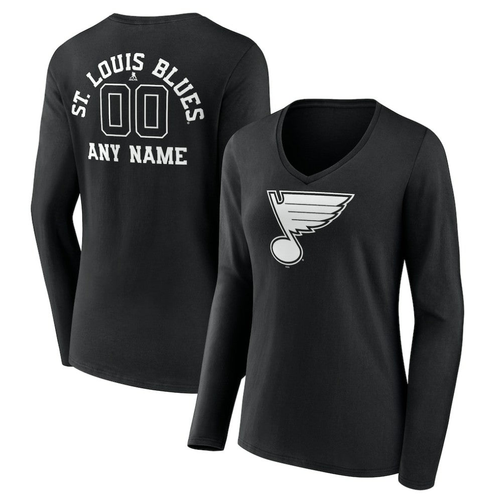 St. Louis Blues Women's Personalized Name & Number Monochrome Long Sleeve V-Neck T-Shirt Black