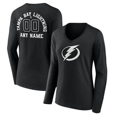 Tampa Bay Lightning Women's Personalized Name & Number Monochrome Long Sleeve V-Neck T-Shirt Black