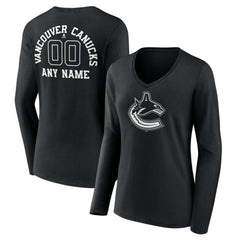 Vancouver Canucks Women's Personalized Name & Number Monochrome Long Sleeve V-Neck T-Shirt Black