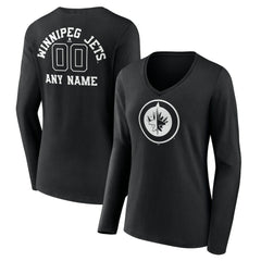 Winnipeg Jets Women's Personalized Name & Number Monochrome Long Sleeve V-Neck T-Shirt Black