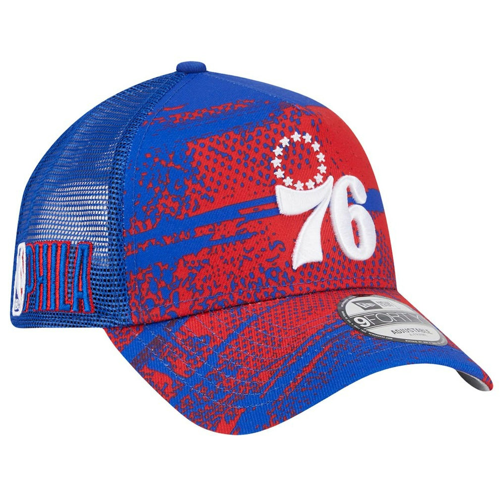 Philadelphia 76ers Tip Off A-Frame Trucker 9FORTY Adjustable Hat - Royal/Red | New Era online