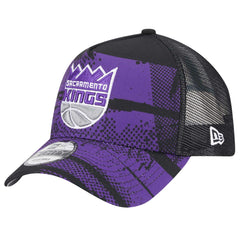 Sacramento Kings Tip Off A-Frame Trucker 9FORTY Adjustable Hat - Black/Purple | New Era on sale