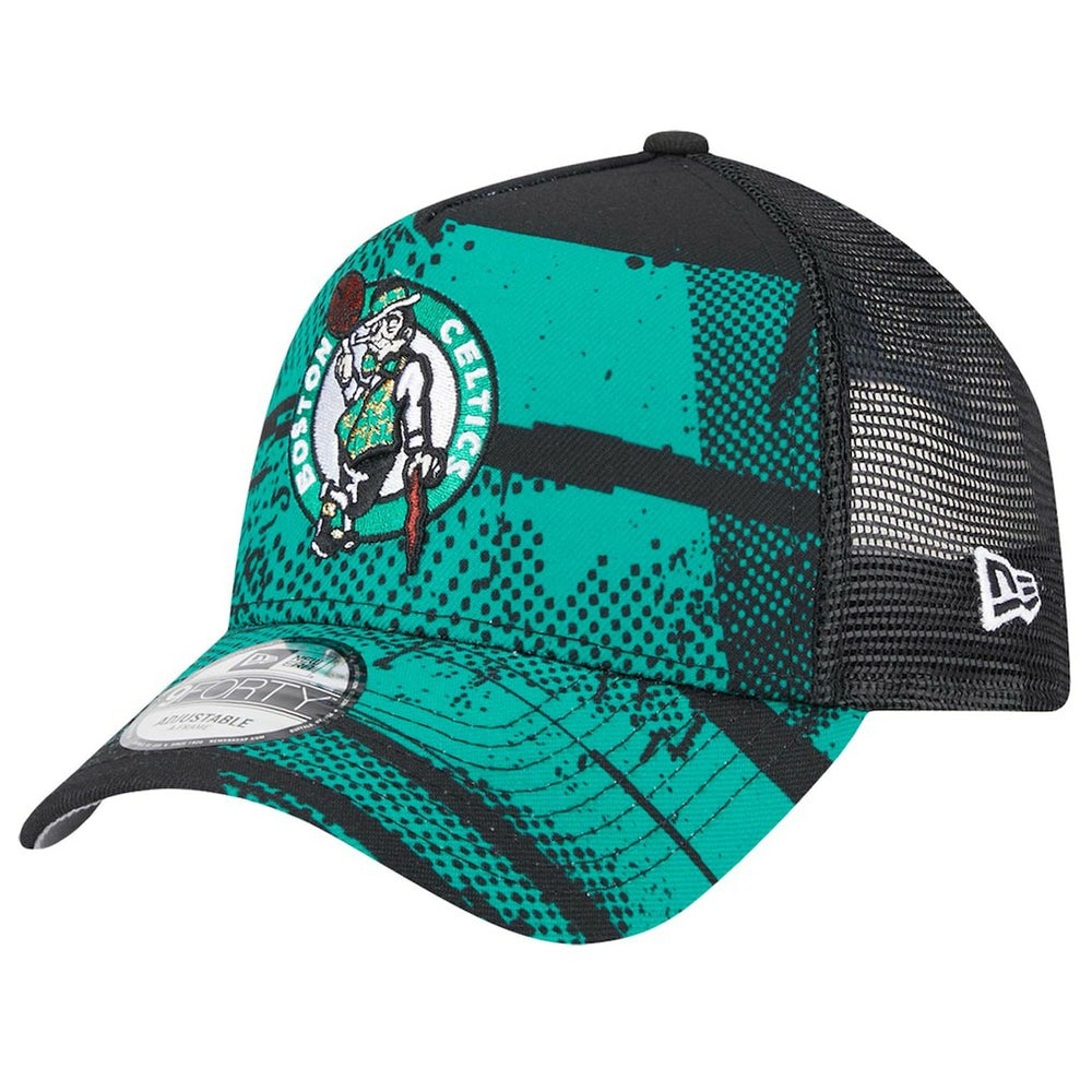 Boston Celtics Tip Off A-Frame Trucker 9FORTY Adjustable Hat - Black/Kelly Green | New Era on sale