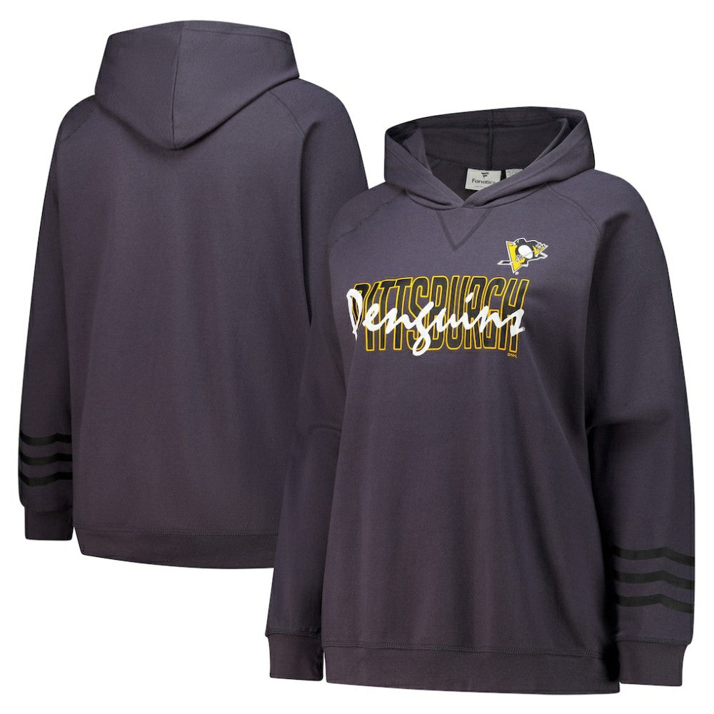 Pittsburgh Penguins Fanatics Women's Plus Size Lightweight Fleece Raglan Pullover Hoodie Charcoal