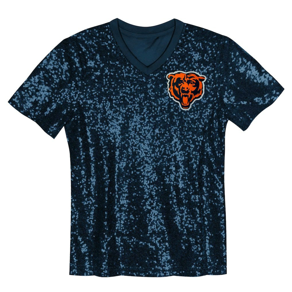 Chicago Bears Girls Youth Wordmark Sequin V-Neck Top - Navy on sale