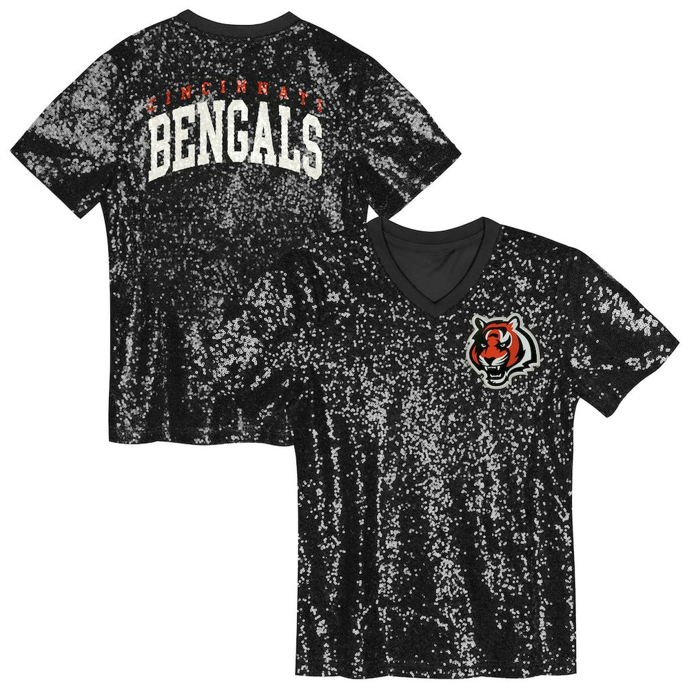 Cincinnati Bengals Girls Youth Wordmark Sequin V-Neck Top - Black cheap