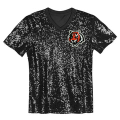 Cincinnati Bengals Girls Youth Wordmark Sequin V-Neck Top - Black cheap