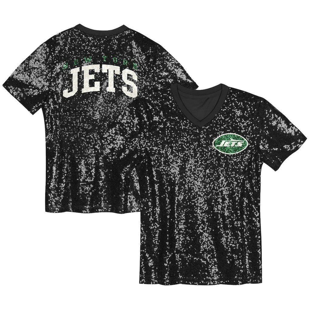 New York Jets Girls Youth Wordmark Sequin V-Neck Top - Black online