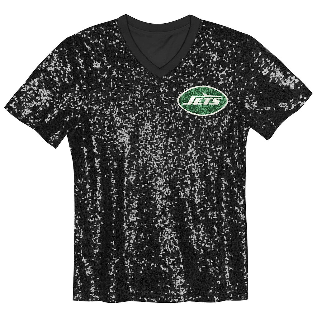 New York Jets Girls Youth Wordmark Sequin V-Neck Top - Black online