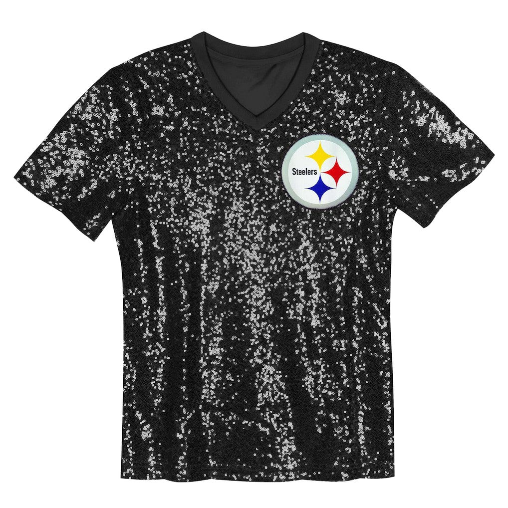 Pittsburgh Steelers Girls Youth Wordmark Sequin V-Neck Top - Black outlet