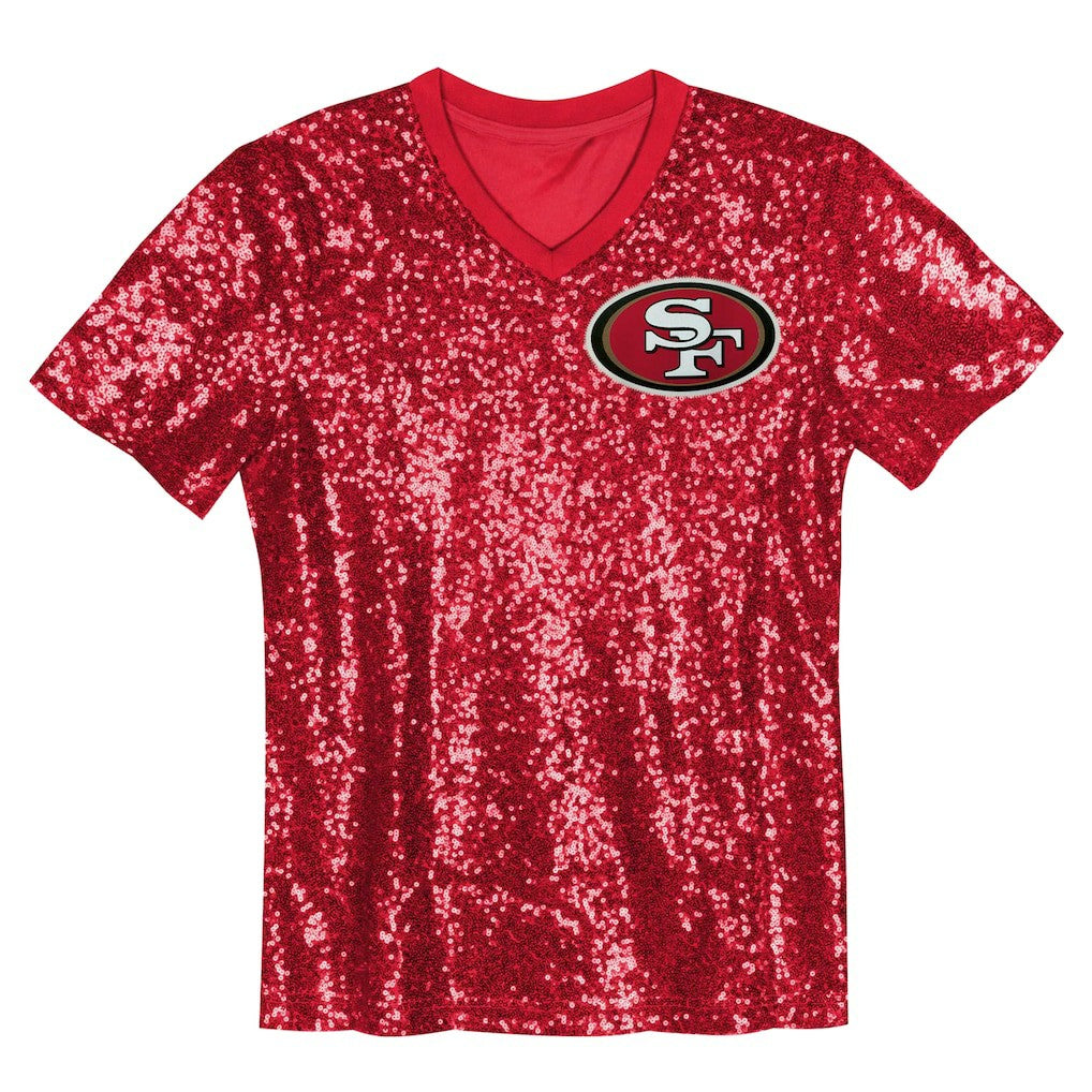 San Francisco 49ers Girls Youth Wordmark Sequin V-Neck Top - Scarlet outlet