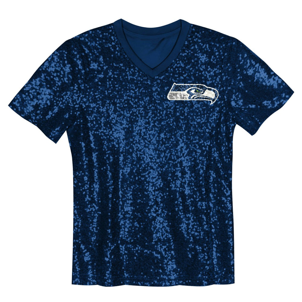 Seattle Seahawks Girls Youth Wordmark Sequin V-Neck Top - College Navy for sale
