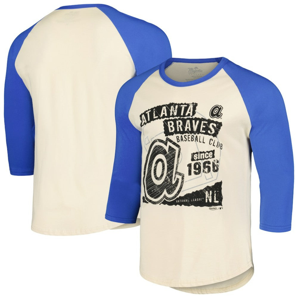Atlanta Braves Majestic Threads Raglan 3/4-Sleeve T-Shirt - Cream/Royal