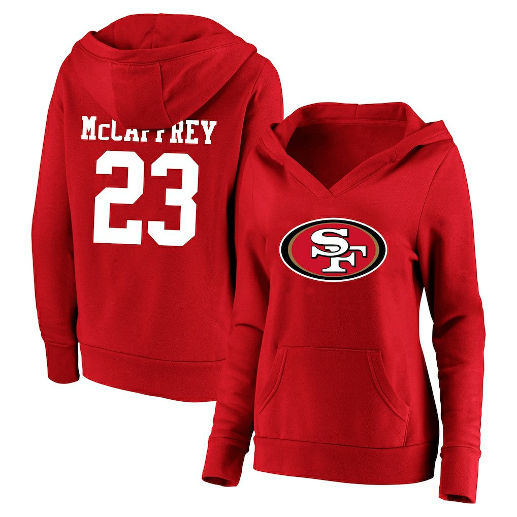 Christian McCaffrey San Francisco 49ers Women's Plus Size Player Name & Number V-Neck Pullover Hoodie - Scarlet outlet