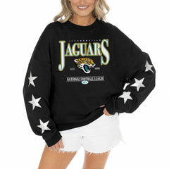 Jacksonville Jaguars Gameday Couture Women's Rhinestone Star Sleeve Settle the Score Oversized Pullover Sweatshirt - Black cheap