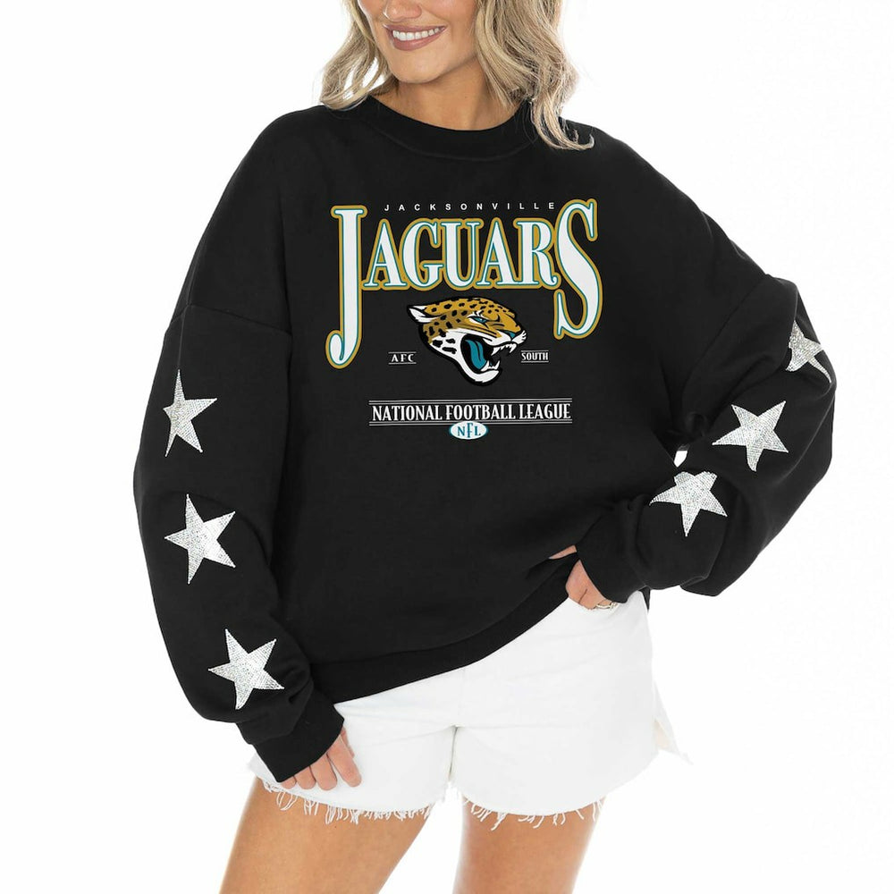 Jacksonville Jaguars Gameday Couture Women's Rhinestone Star Sleeve Settle the Score Oversized Pullover Sweatshirt - Black cheap