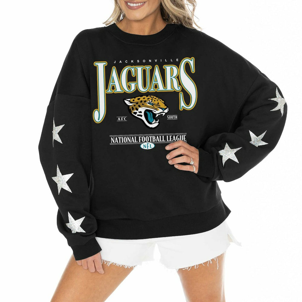 Jacksonville Jaguars Gameday Couture Women's Rhinestone Star Sleeve Settle the Score Oversized Pullover Sweatshirt - Black cheap