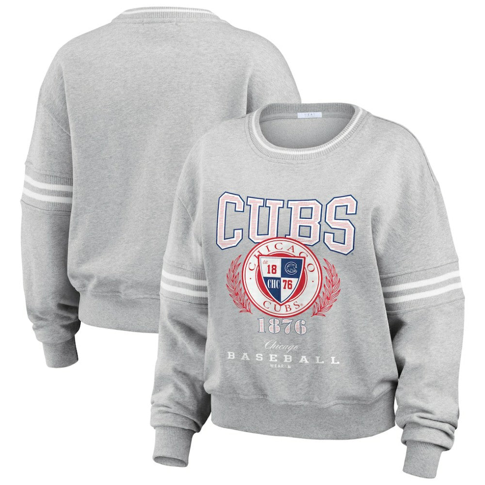 Chicago Cubs WEAR by Erin Andrews Women's Domestic Crest Pullover Sweatshirt - Heather Gray