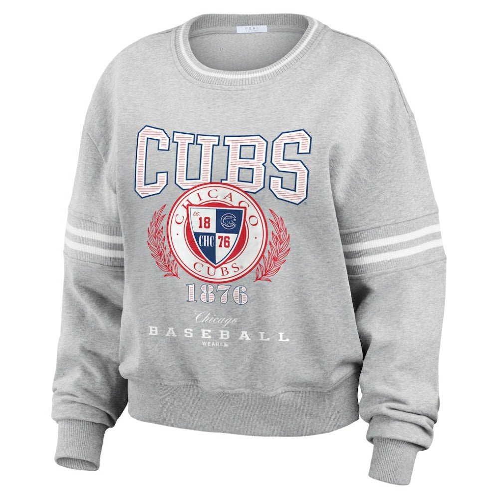 Chicago Cubs WEAR by Erin Andrews Women's Domestic Crest Pullover Sweatshirt - Heather Gray