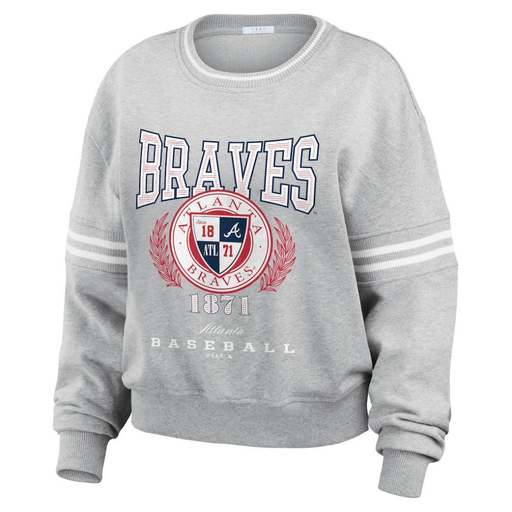 Atlanta Braves WEAR by Erin Andrews Women's Domestic Crest Pullover Sweatshirt - Heather Gray