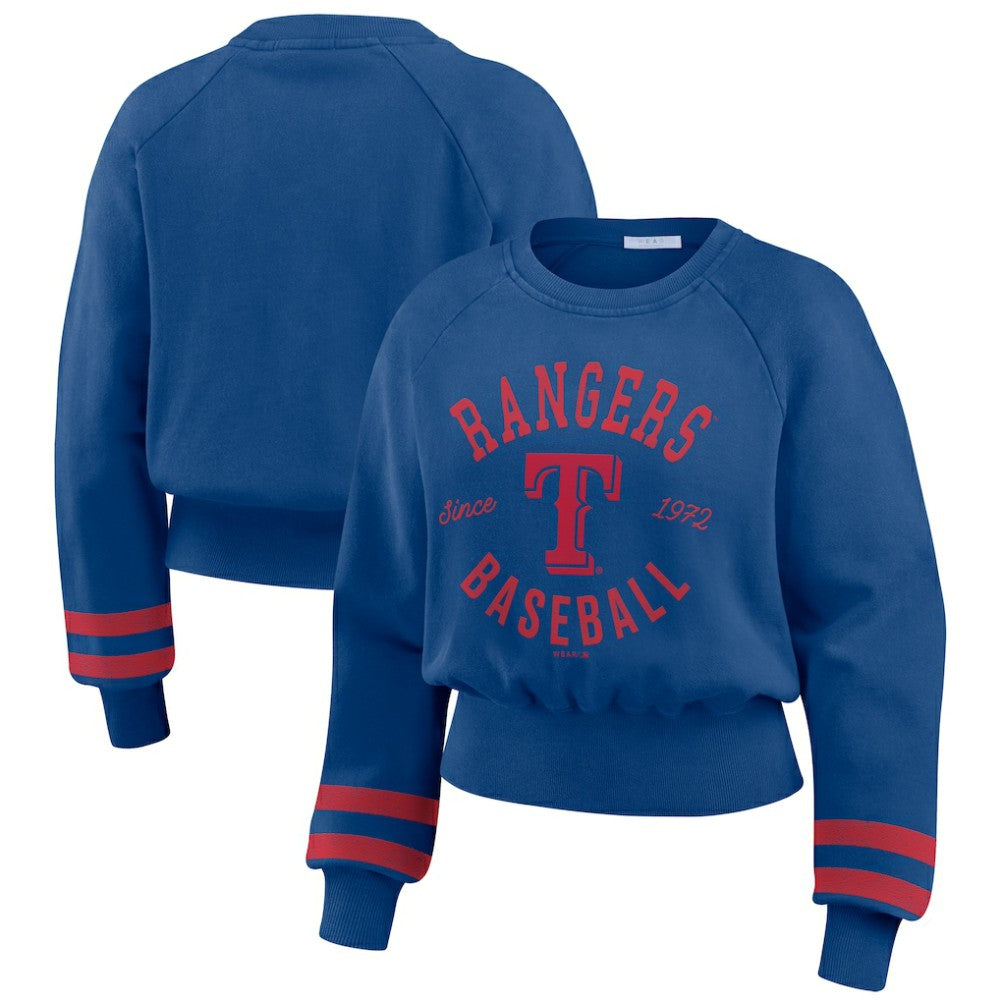 Texas Rangers WEAR by Erin Andrews Women's Vintage Washed Cropped Pullover Sweatshirt - Royal