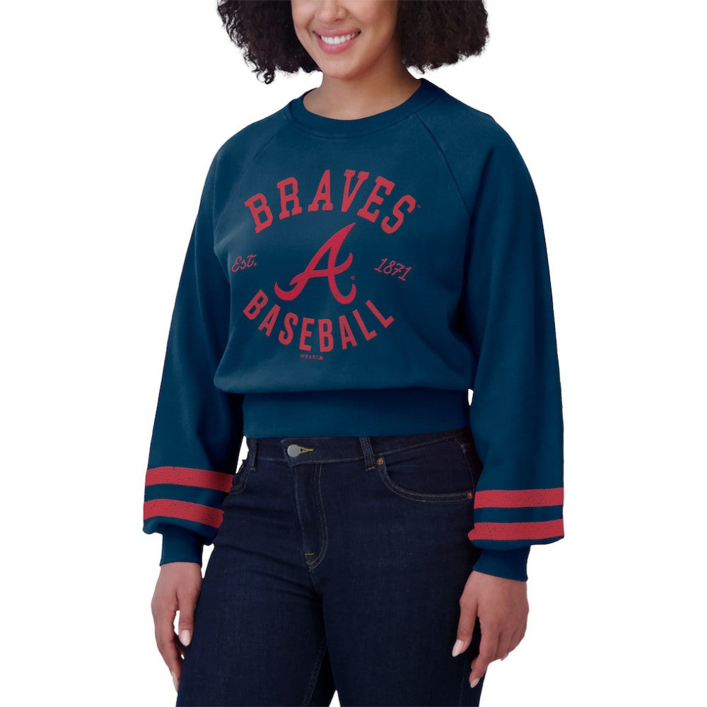 Atlanta Braves WEAR by Erin Andrews Women's Vintage Washed Cropped Pullover Sweatshirt - Navy
