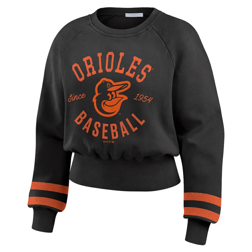 Baltimore Orioles WEAR by Erin Andrews Women's Vintage Washed Cropped Pullover Sweatshirt - Black