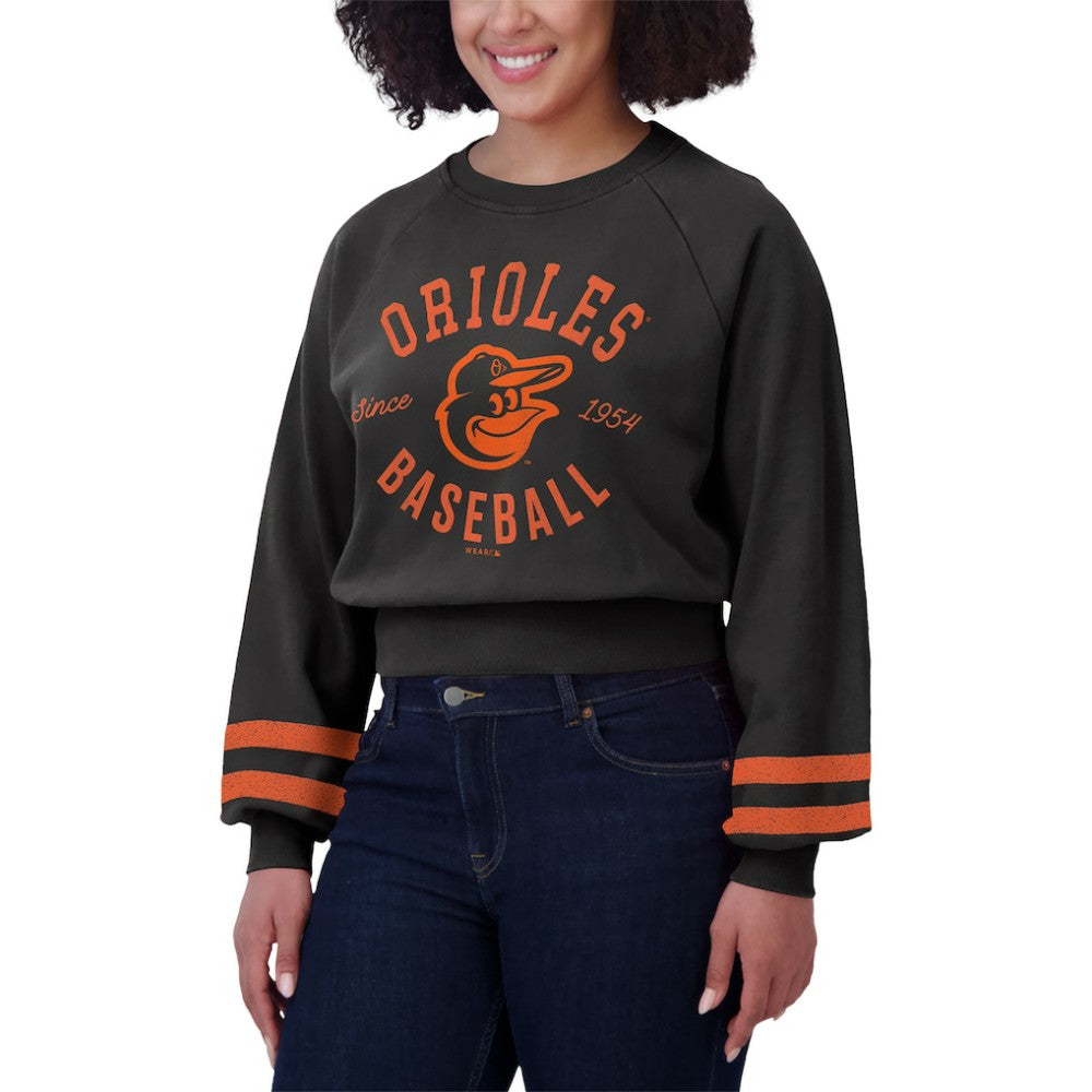 Baltimore Orioles WEAR by Erin Andrews Women's Vintage Washed Cropped Pullover Sweatshirt - Black