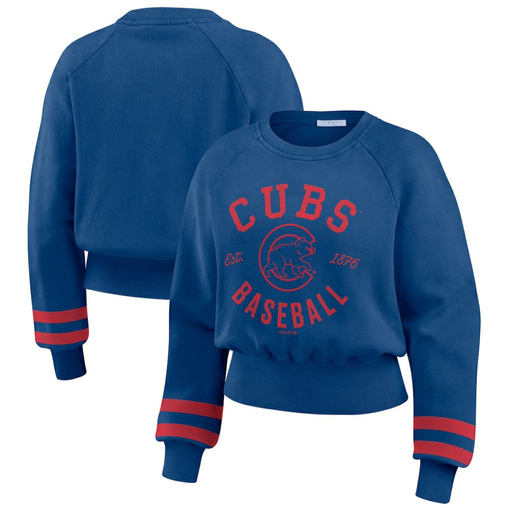 Chicago Cubs WEAR by Erin Andrews Women's Vintage Washed Cropped Pullover Sweatshirt - Royal