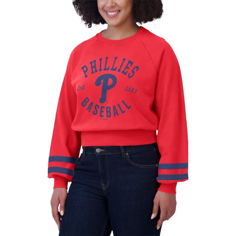 Philadelphia Phillies WEAR by Erin Andrews Women's Vintage Washed Cropped Pullover Sweatshirt - Red