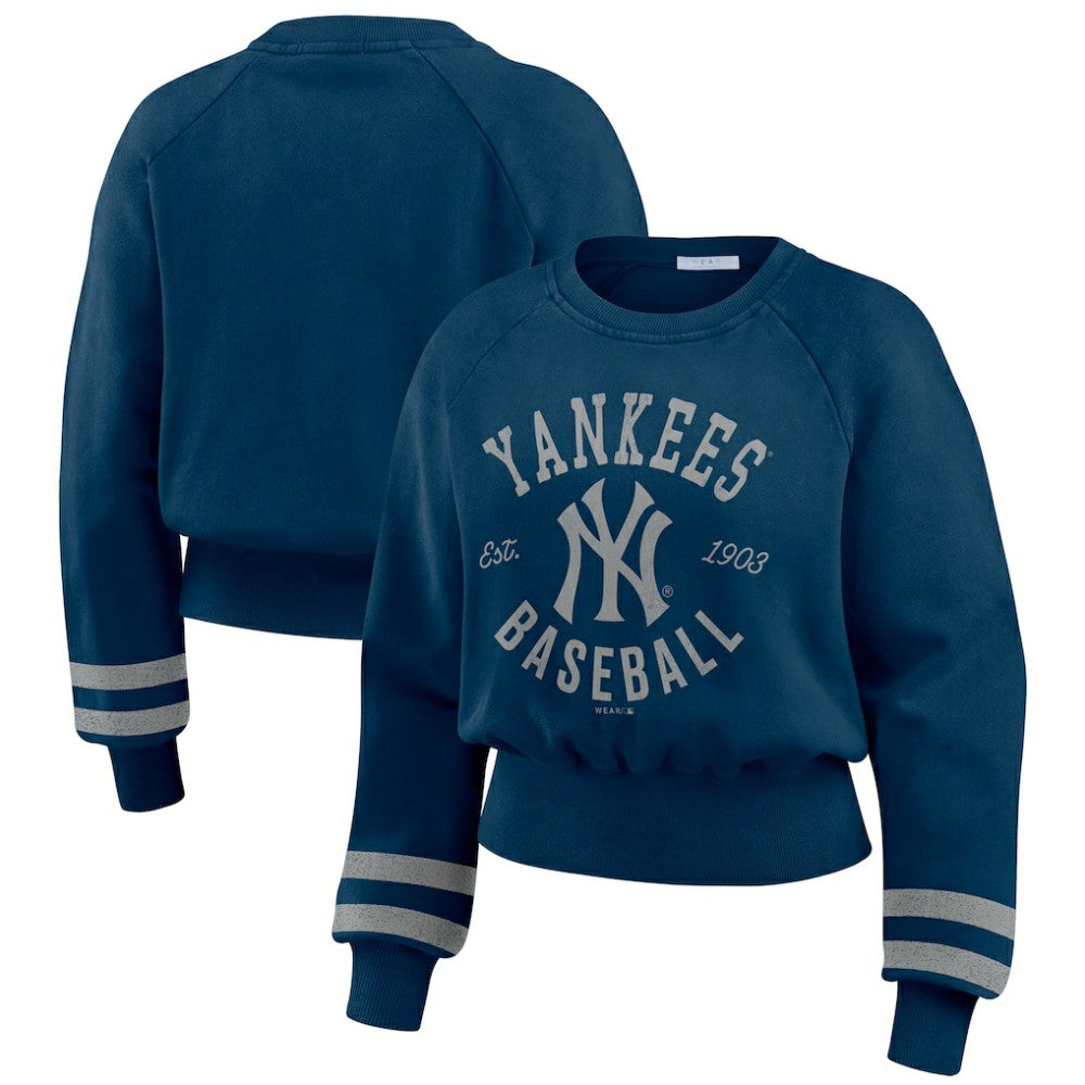 New York Yankees WEAR by Erin Andrews Women's Vintage Washed Cropped Pullover Sweatshirt - Navy