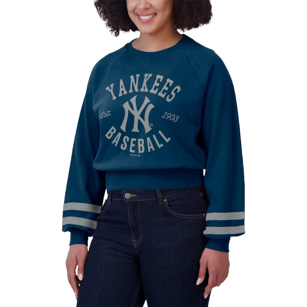 New York Yankees WEAR by Erin Andrews Women's Vintage Washed Cropped Pullover Sweatshirt - Navy