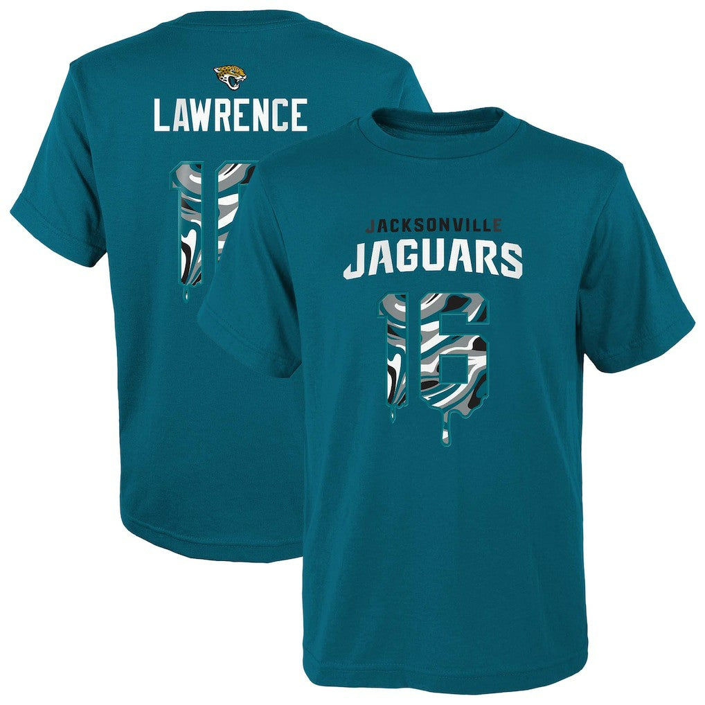 Trevor Lawrence Jacksonville Jaguars Youth Mainliner Drip Player Name & Number T-Shirt - Teal on sale