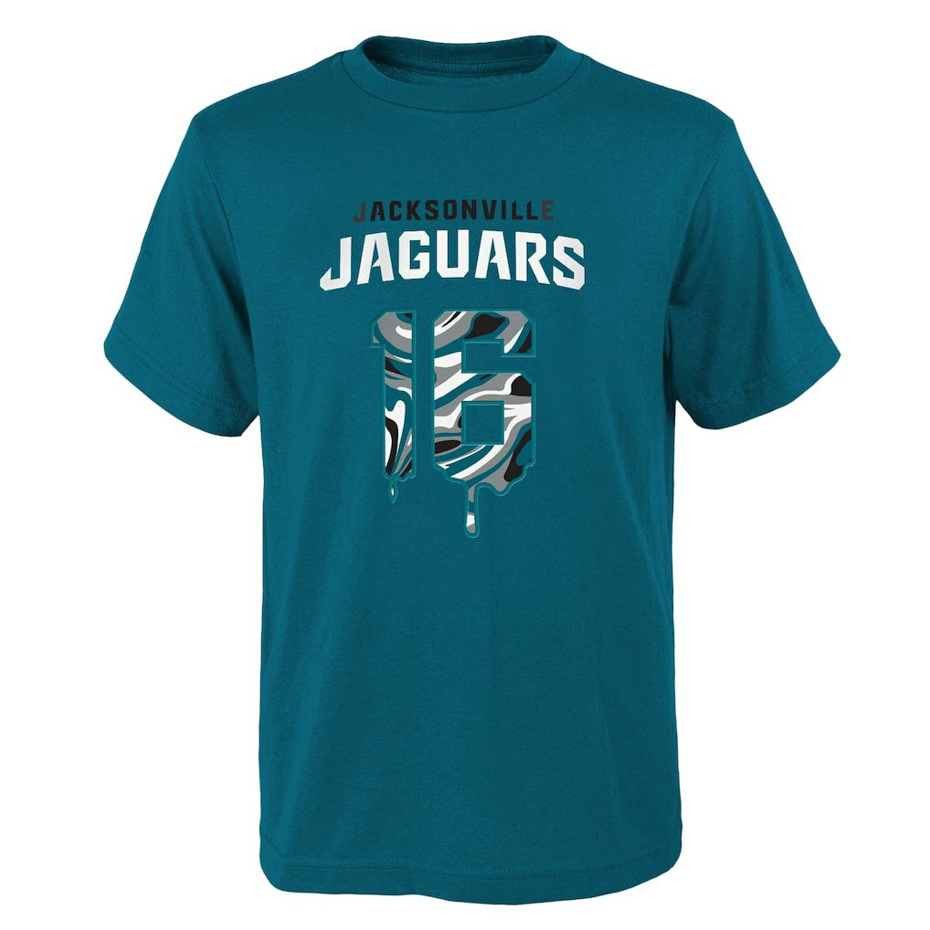 Trevor Lawrence Jacksonville Jaguars Youth Mainliner Drip Player Name & Number T-Shirt - Teal on sale