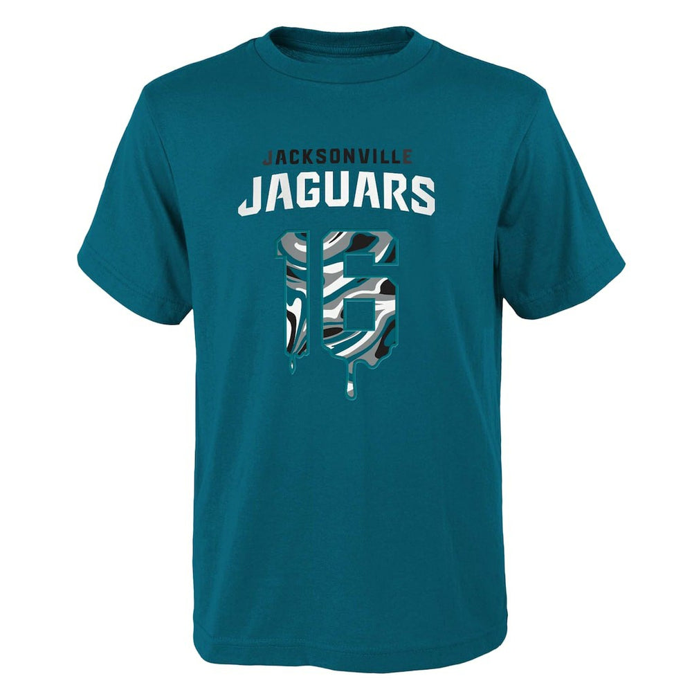 Trevor Lawrence Jacksonville Jaguars Youth Mainliner Drip Player Name & Number T-Shirt - Teal on sale
