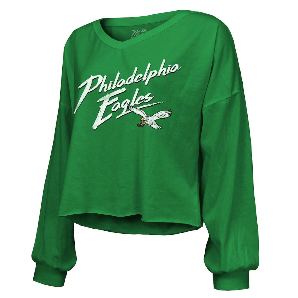 Saquon Barkley Philadelphia Eagles Majestic Threads Women's Name & Number Off-Shoulder Script Cropped Long Sleeve Relaxed V-Neck T-Shirt - Kelly Green cheap