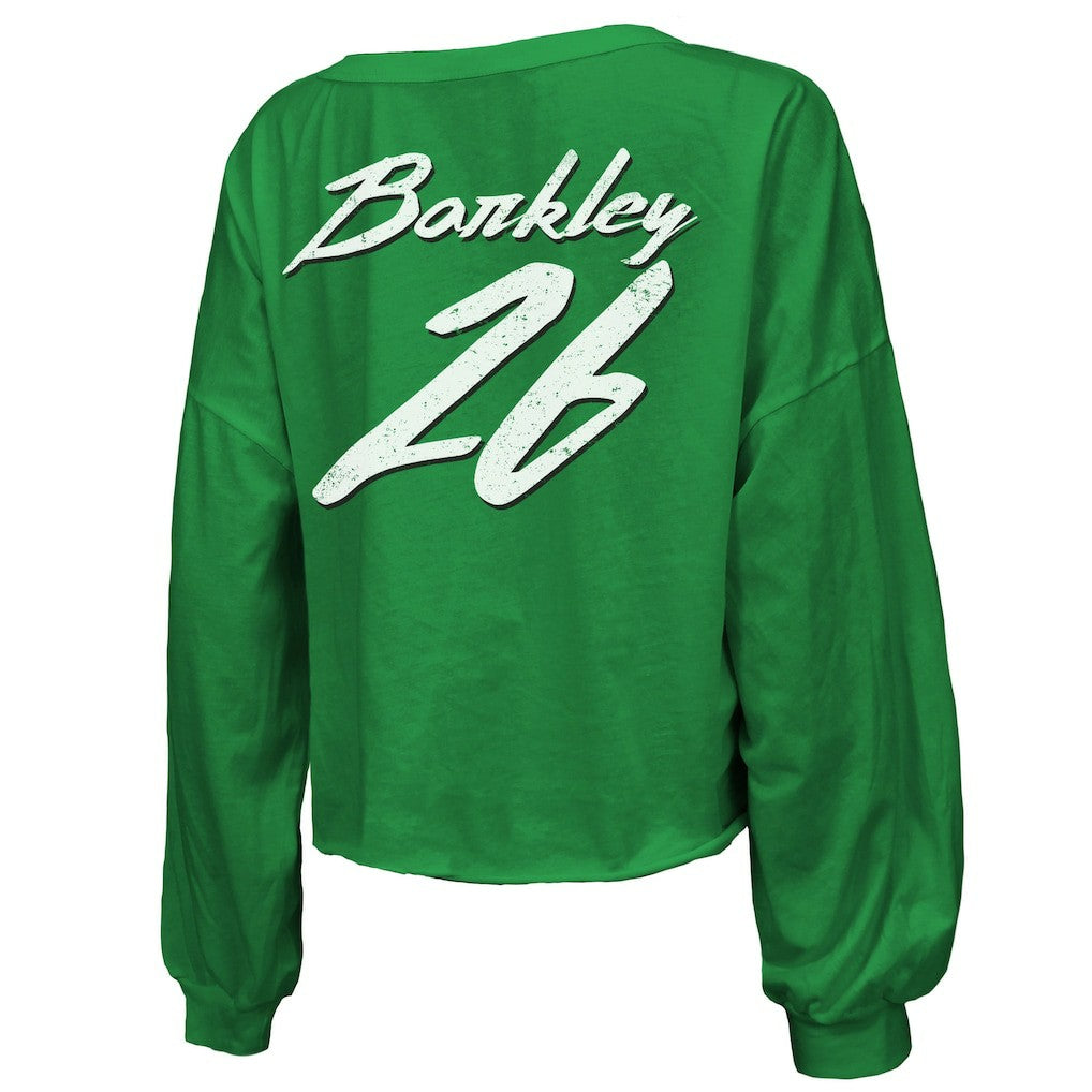 Saquon Barkley Philadelphia Eagles Majestic Threads Women's Name & Number Off-Shoulder Script Cropped Long Sleeve Relaxed V-Neck T-Shirt - Kelly Green cheap