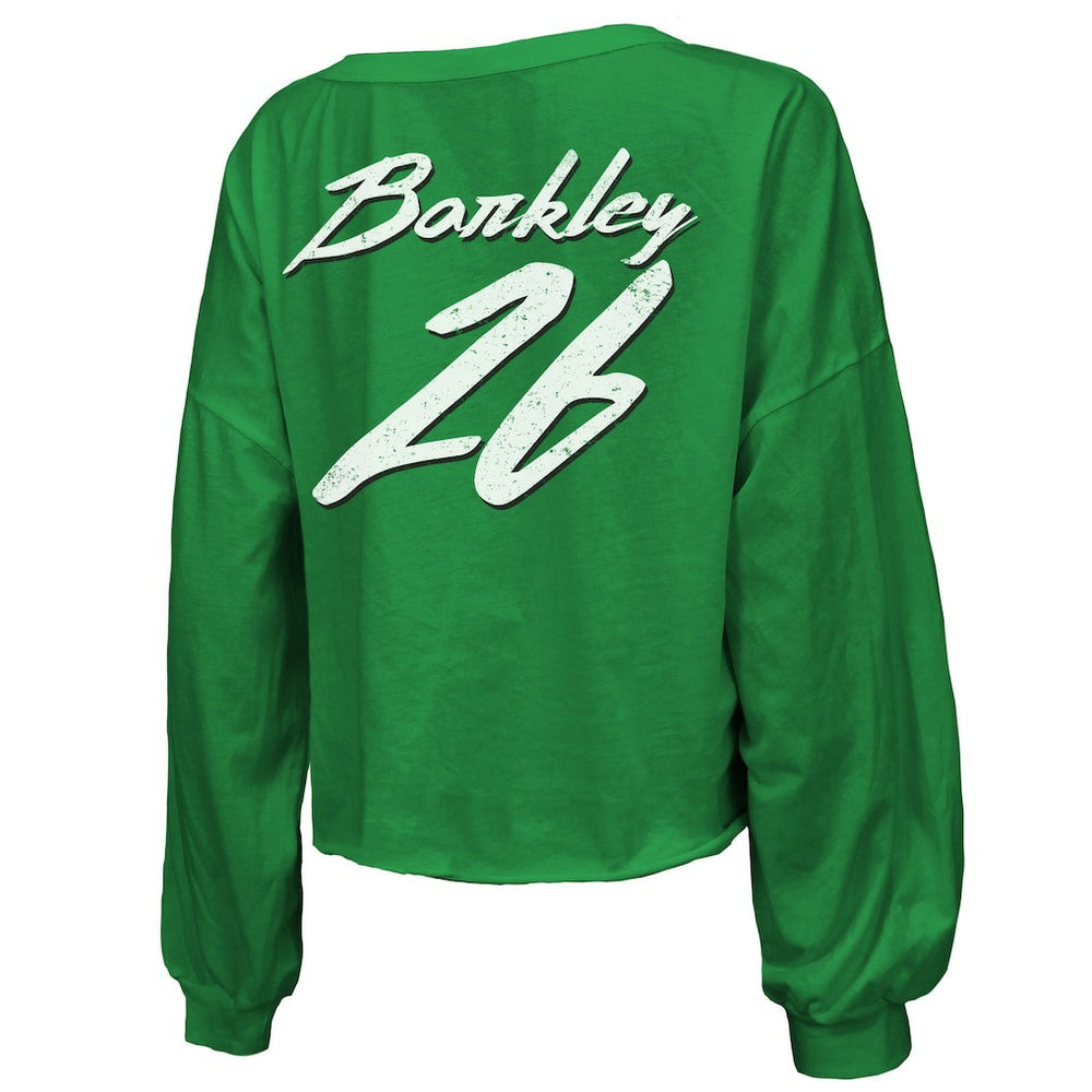 Saquon Barkley Philadelphia Eagles Majestic Threads Women's Name & Number Off-Shoulder Script Cropped Long Sleeve Relaxed V-Neck T-Shirt - Kelly Green cheap