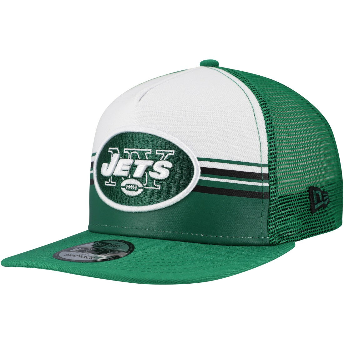 New York Jets New Era Striped A-Frame 9FIFTY Adjustable Trucker Snapback Hat - White/Green on sale