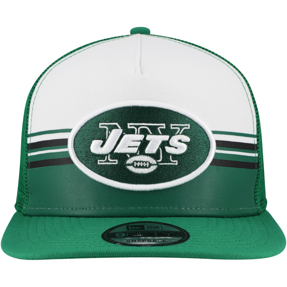New York Jets New Era Striped A-Frame 9FIFTY Adjustable Trucker Snapback Hat - White/Green on sale