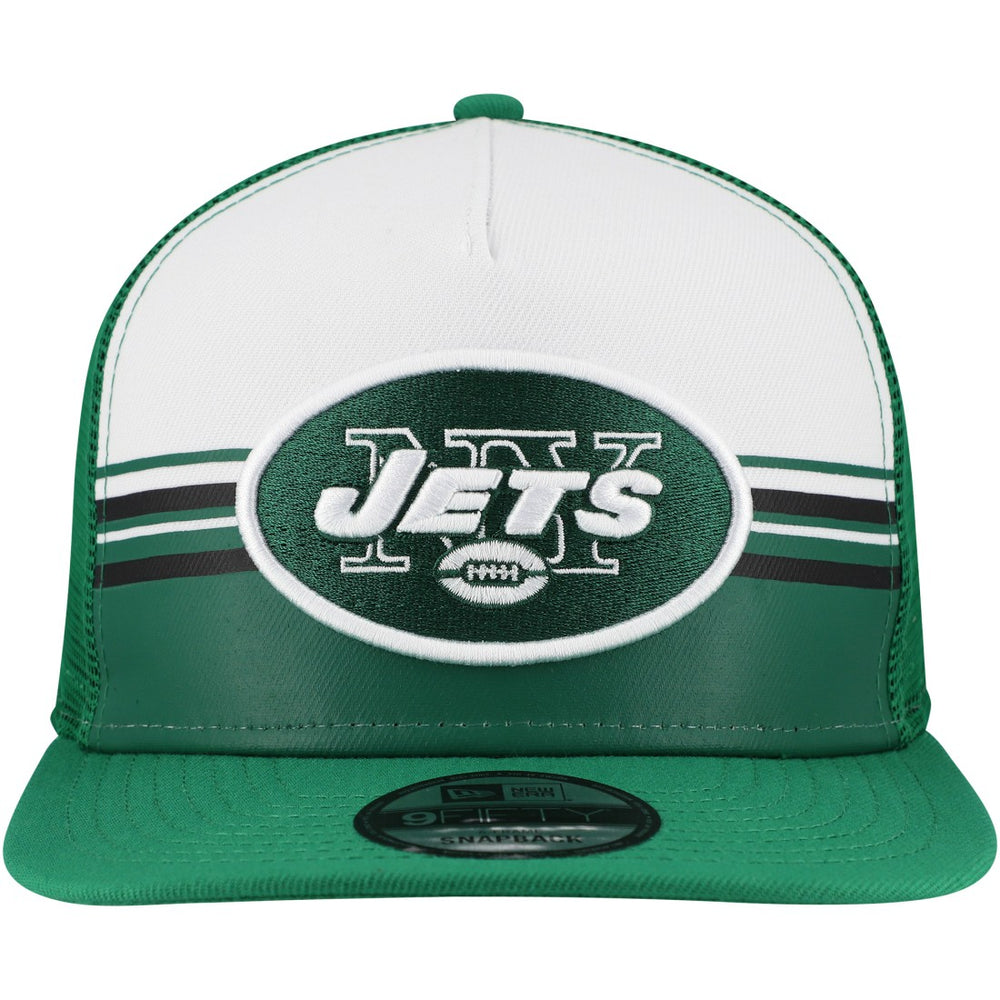 New York Jets New Era Striped A-Frame 9FIFTY Adjustable Trucker Snapback Hat - White/Green on sale
