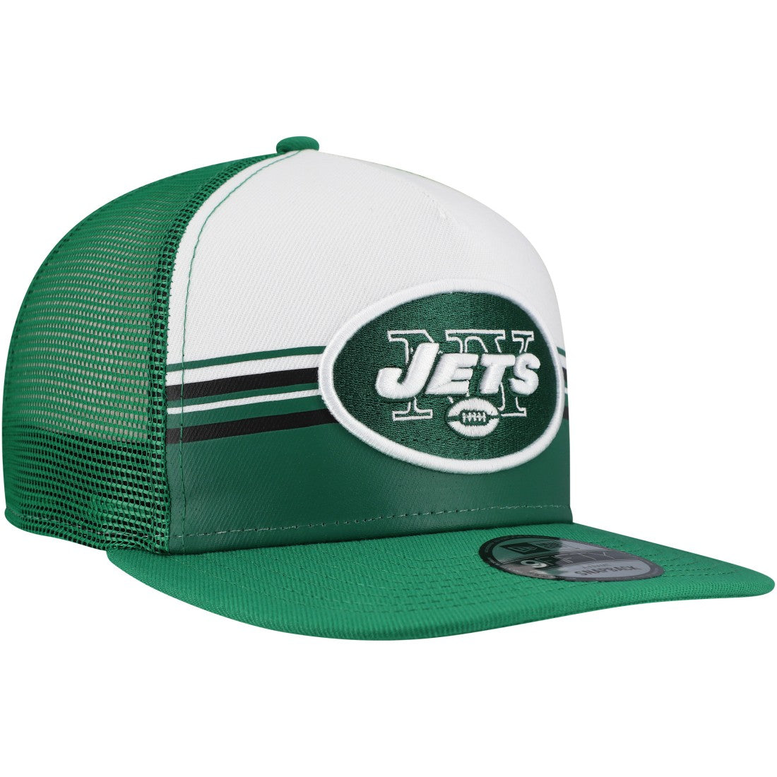 New York Jets New Era Striped A-Frame 9FIFTY Adjustable Trucker Snapback Hat - White/Green on sale