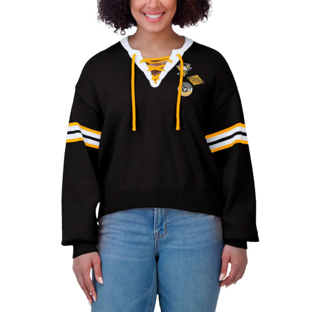 Pittsburgh Penguins WEAR by Erin Andrews Women's Cropped Lace-Up Sweater Black
