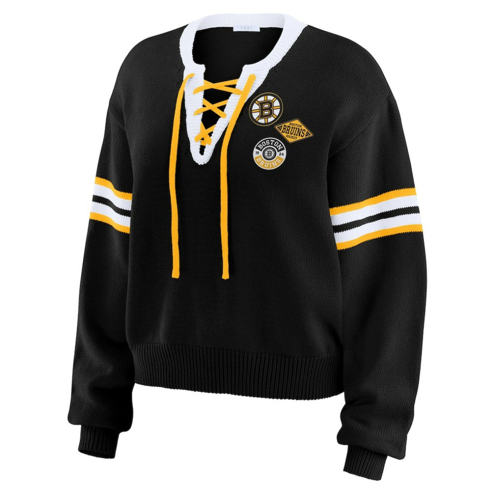 Boston Bruins WEAR by Erin Andrews Women's Cropped Lace-Up Sweater Black