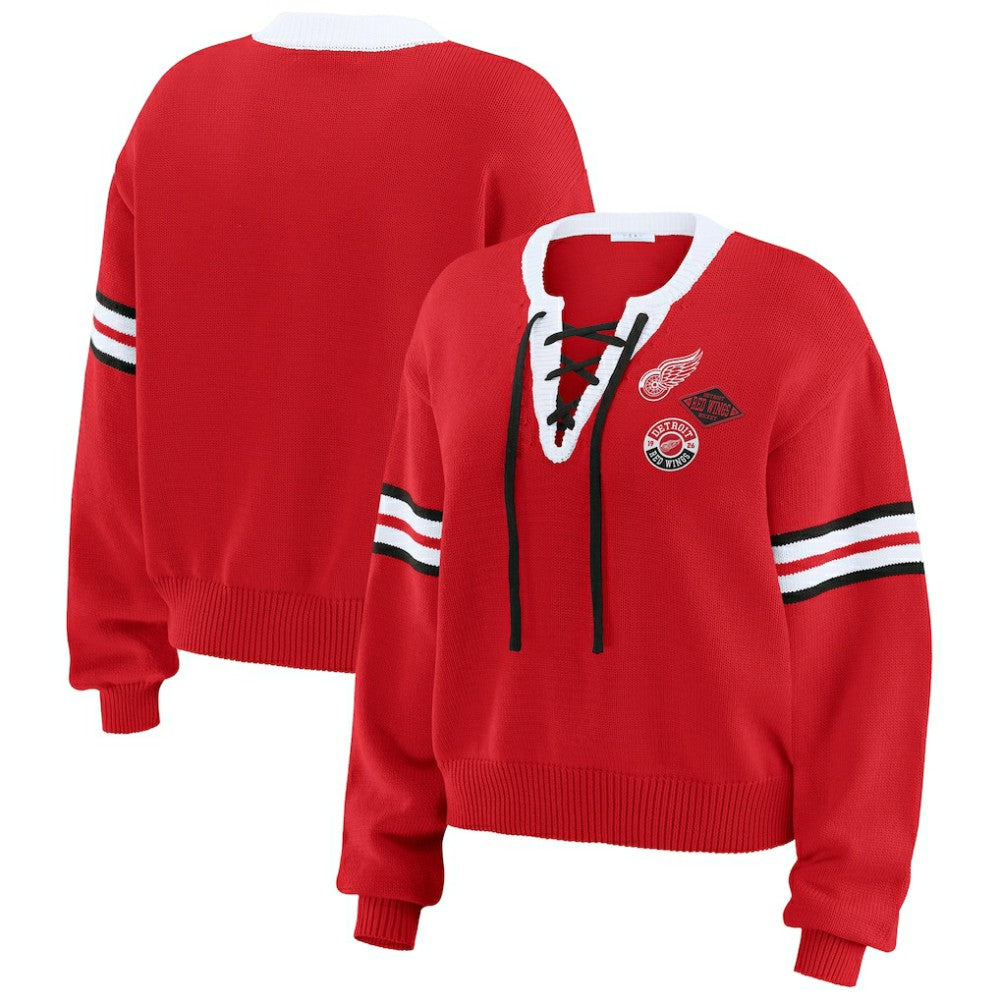 Detroit Red Wings WEAR by Erin Andrews Women's Cropped Lace-Up Sweater Red