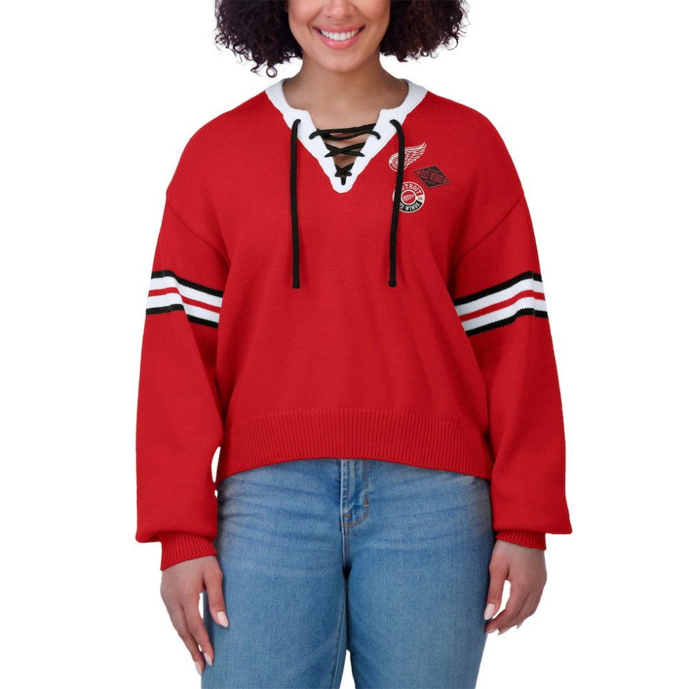 Detroit Red Wings WEAR by Erin Andrews Women's Cropped Lace-Up Sweater Red
