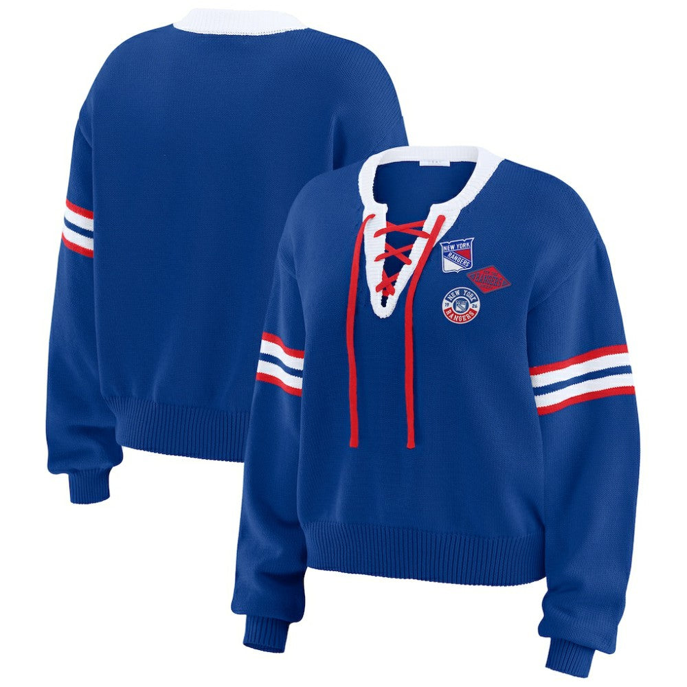 New York Rangers WEAR by Erin Andrews Women's Cropped Lace-Up Sweater Blue